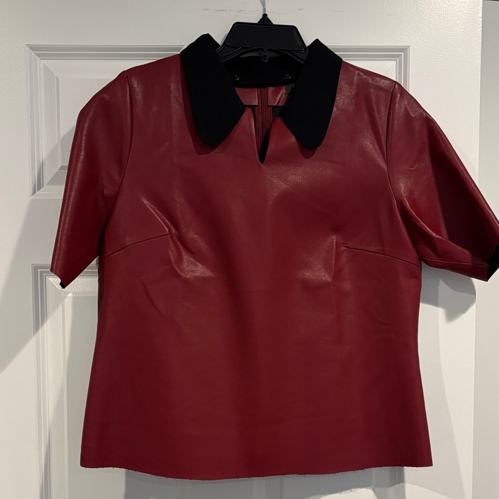 Gracia Red Faux Leather Blouse with Black Collar